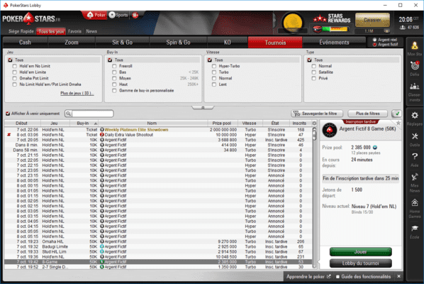 Avis sur le lobby de PokerStars.