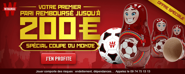 Bonus Winamax de 200 euros pour le 1er pari perdu et remboursé lors de la Coupe du monde de foot 2018.