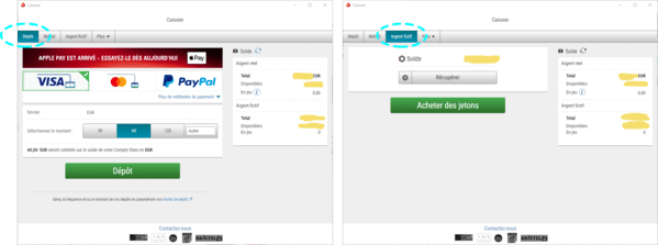 Caissier pour un dépôt d'argent réel ou pour un rechargement en argent fictif PokerStars.