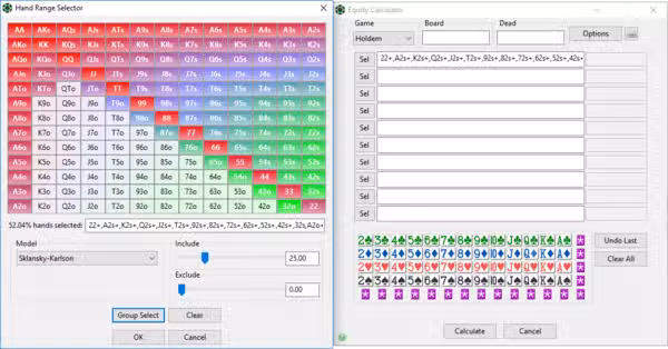 Logiciel Poker Tracker 4 (selecteur de range et calculateur d'equity).