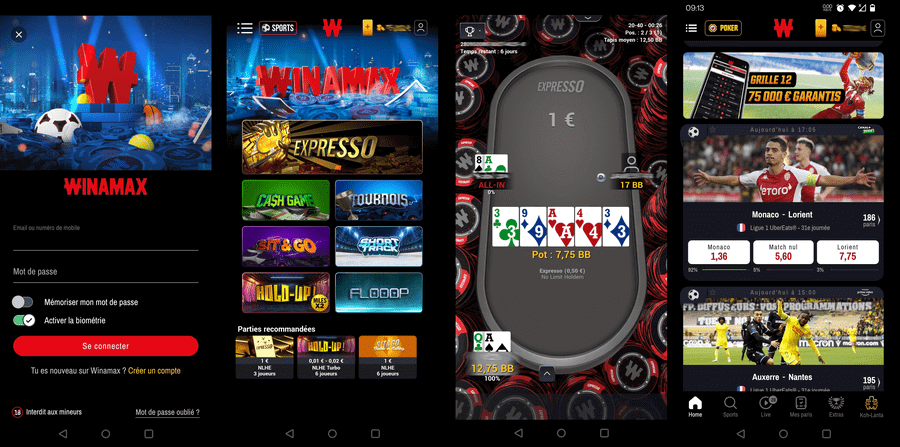 Capture d'écran d'un smartphone présentant l'application Winamax.