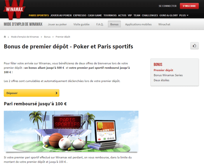 Capture d'écran du site de Winamax. Page du bonus sur les paris sportifs.