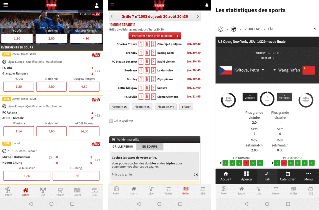 Captures d'écran de l'application Winamax sur Android.