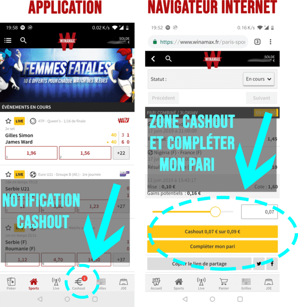 Cashout Winamax (captures d'écran sur mobile).