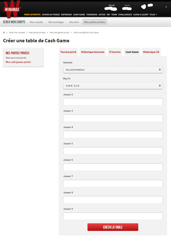 Créer un cash game privé sur Winamax.