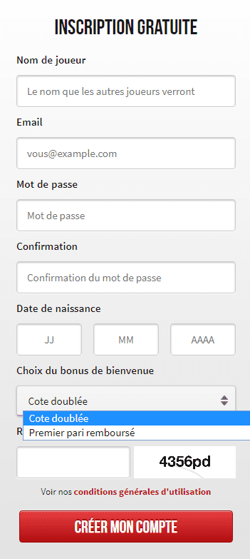 Choisir la cote doublée dans le formulaire d'inscription Winamax.