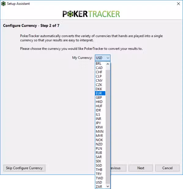 Configurer Poker Tracker 4 (choix de la devise).
