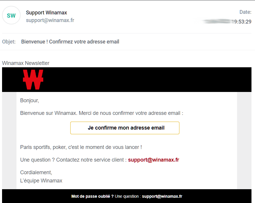 Confirmation de l'adresse mail par Winamax.