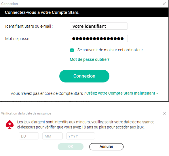 Connexion au compte joueur PokerStars.