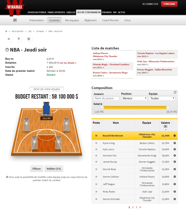 Contest de NBA dans le Jeu De l'Entraîneur, de Winamax (basketball).