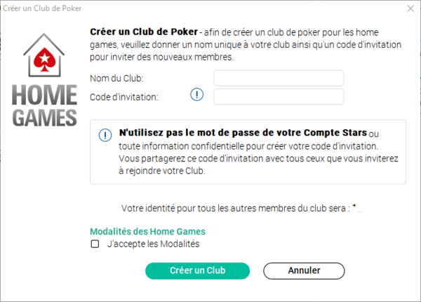 Créer vote club Home Games sur PokerStars.