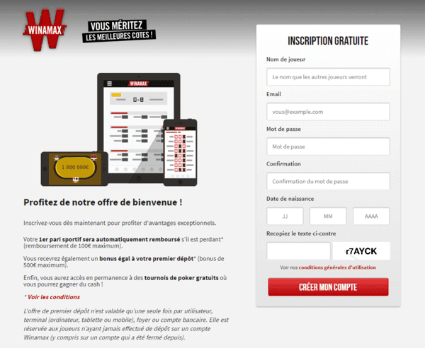 Créer mon espace client Winamax (pseudo, mail, mot de passe, date de naissance).