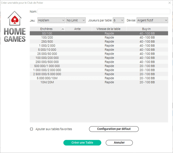 Créer une partie en argent fictif Home Games PokerStars.