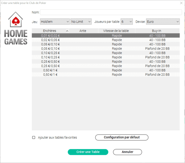 Créer une partie en euro avec les Home Games de PokerStars.