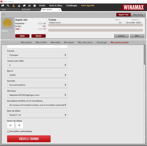 Créer un tournoi entre amis Winamax.