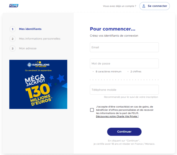 Étape 1 du formulaire d'inscriptionà FDJ en ligne.