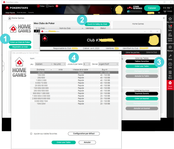 Les étapes pour créer une partie Home Games PokerStars.