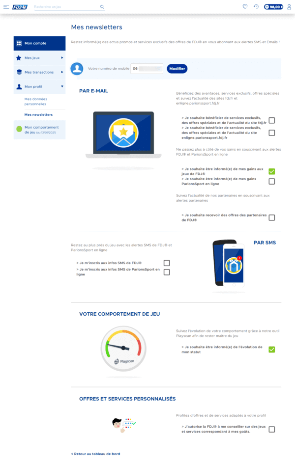 Capture d'écran du site FDJ (gestion de Mes newsletters).