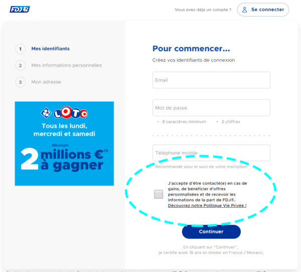 Formulaire d'inscription FDJ aux newsletters et alertes.