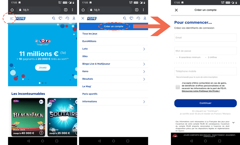 Formulaire d'inscription sur appareil mobile FDJ.