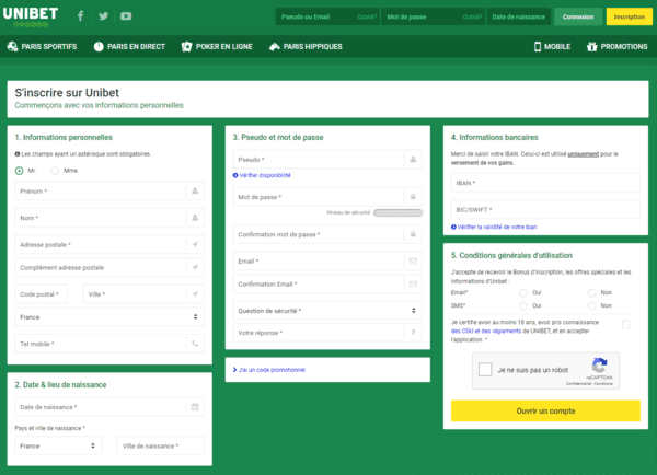 Formulaire d'inscription Unibet poker.