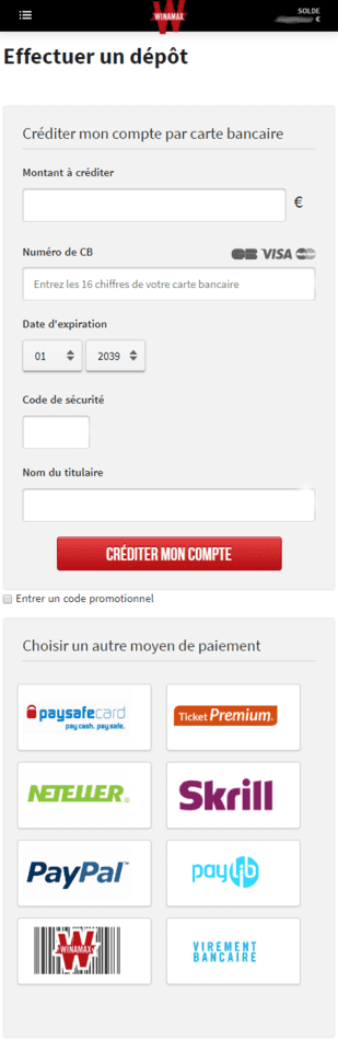 Formulaire Winamax pour créditer le compte joueur.