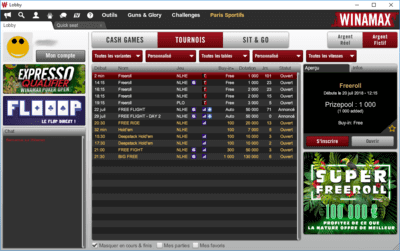 Choix d'un freerolls dans le lobby de Winamax.