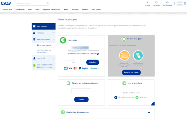 Gérer mon argent depuis mon compte FDJ.