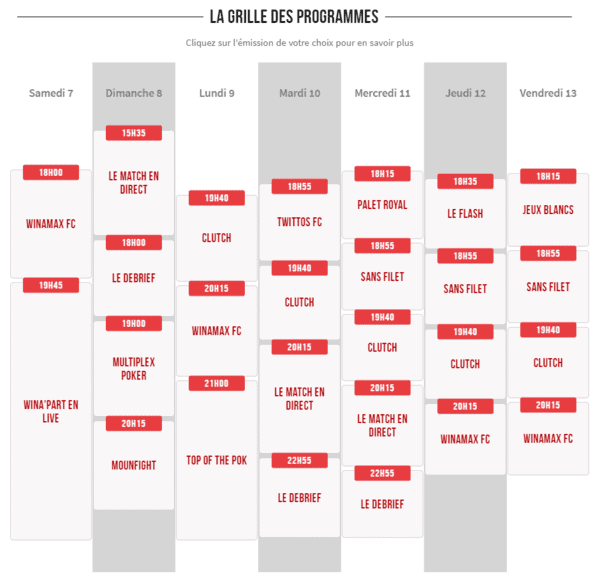 Exemple de grilles des programmes Winamax TV.