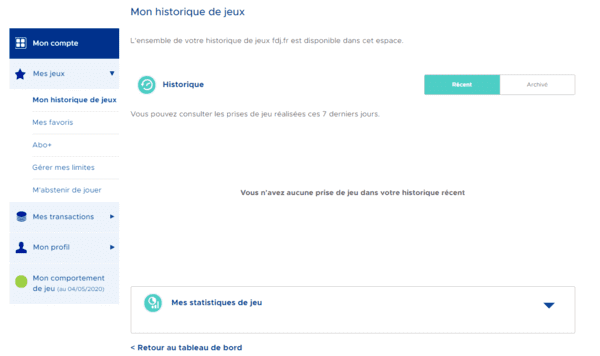 Historique de jeu de l'espace personnel.