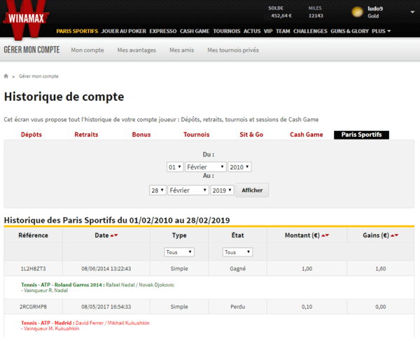 Historique des paris sportifs avec Winamax.