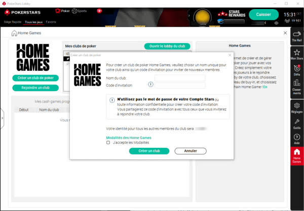 Home Games chez PokerStars  pour créer club de poker entre amis.