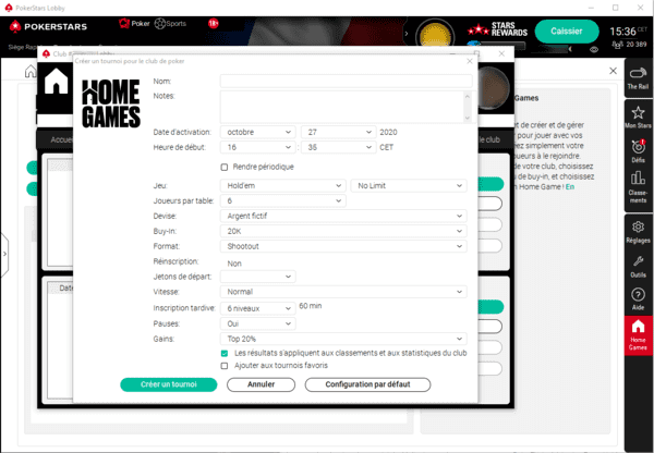Home Games chez PokerStars pour créer un tournoi entre amis.