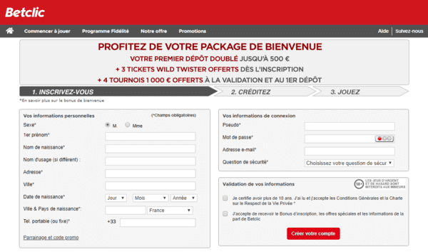 Formulaire d'inscription sur Betclic poker online.