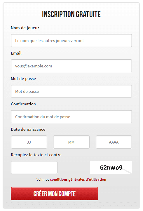 Première page permettant de s'inscrire sur la plateforme de Winamax.