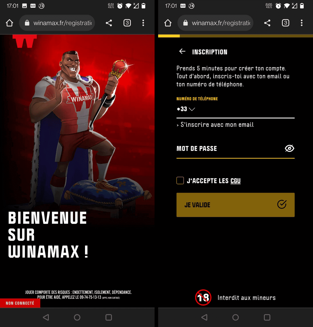 Inscription à Winamax sur appareil mobile.