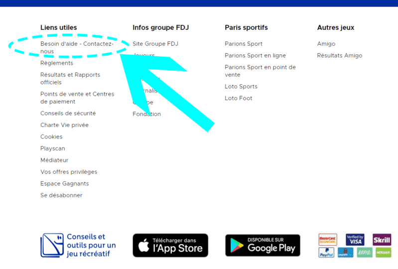 Lien contactez-nous en bas de chaque page du site de la FDJ.