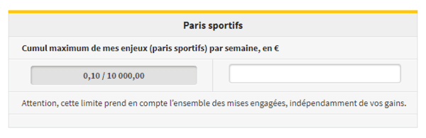 Limite des enjeux en matière de paris sportitfs, par semaine.