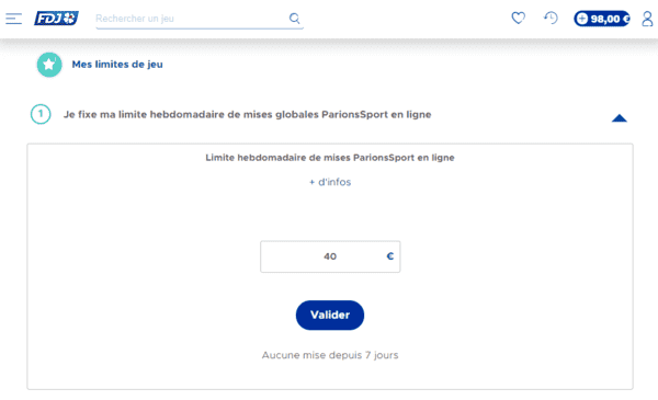 Limites de mises hebdomadaires Parions Sport.