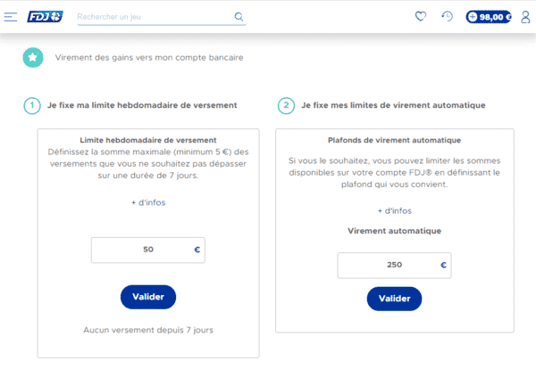 Limites de virement gains des FDJ vers mon compte bancaire.