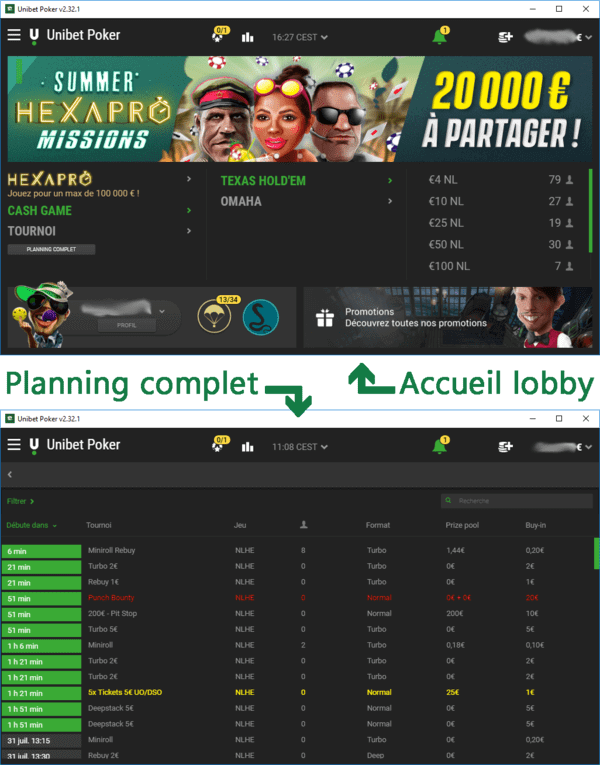 Lobby Unibet (fenêtre d'accueil et planning complet).