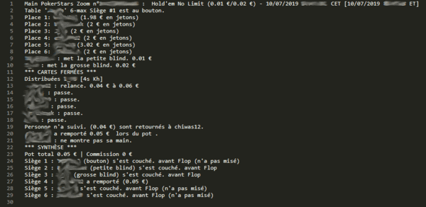 Main sous forme de fichier texte pour un tracker de poker.