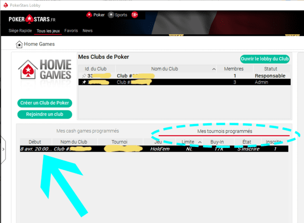 Mes tournois programmés privés Home Games sur PokerStars.