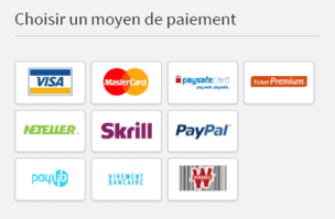 Capture d'écran des moyens de paiement pour le dépôt et le retrait sur un site de paris sportifs.