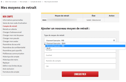 Ajoueter un nouveau compte bancaire pour le retrait d'argent chez Winamax.