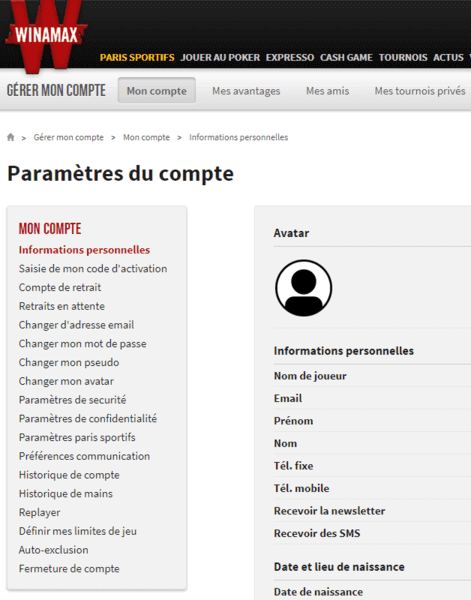 Les paramètres du compte joueur.