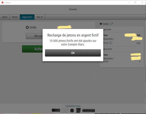 Recharge de 15 000 jetons en argent fictif sur PokerStars.