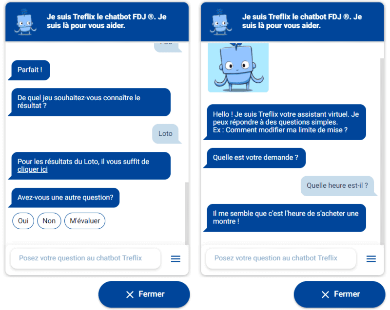 Des réponses de chatbot Treflix de la FDJ.