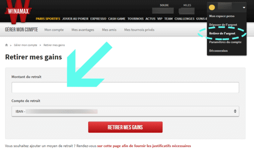 Retirer de l'argent avec Winamax (capture d'écran).