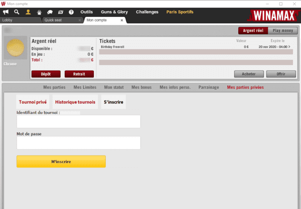 S'inscrire à un tournoi de poker entre amis avec Winamax.